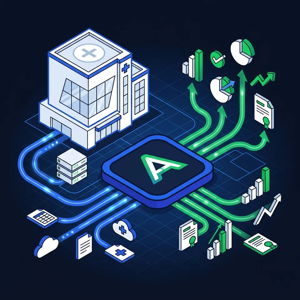 Ilustração isométrica: dados do hospital fluem em linhas azuis para o hub ARCIA e saem como relatórios e indicadores em verde